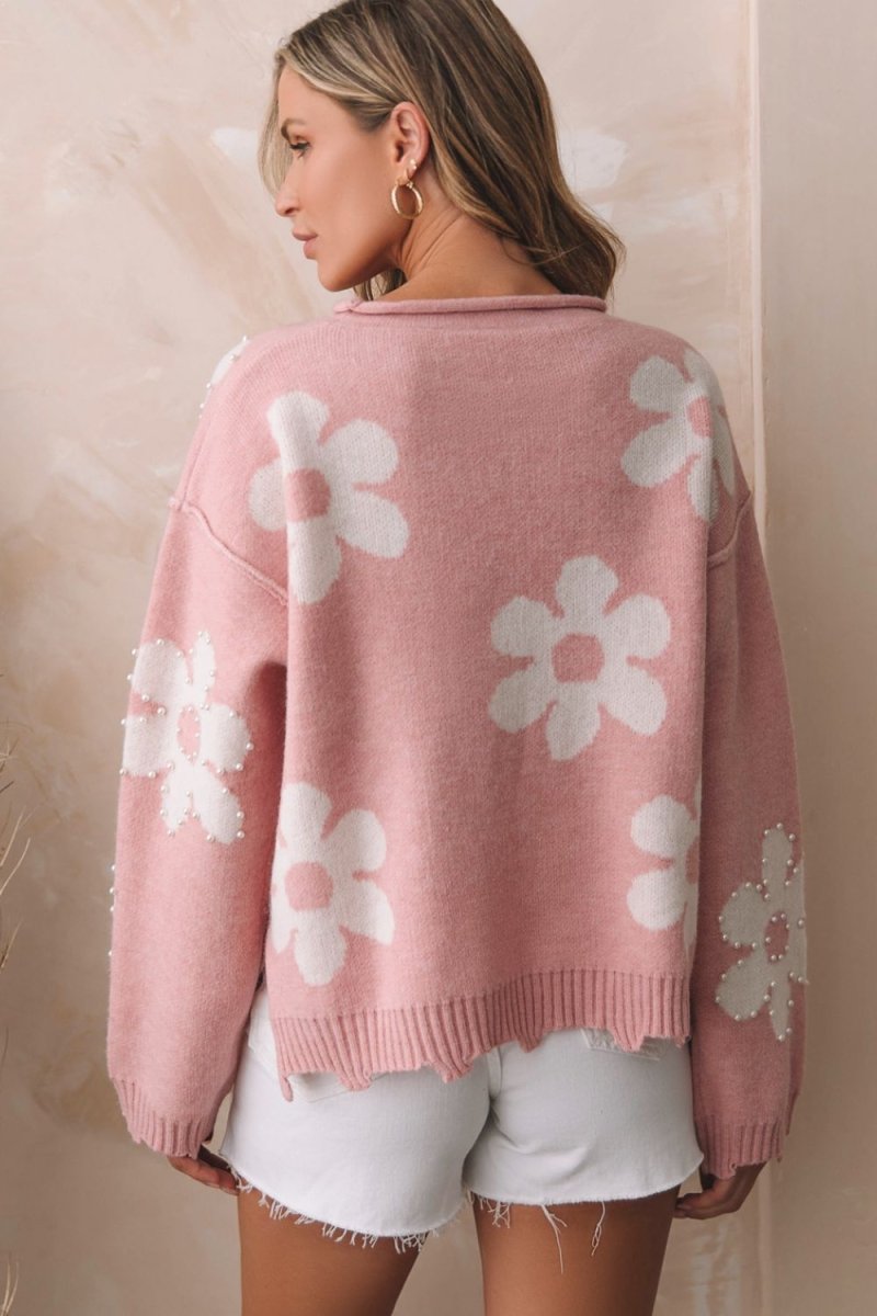 Pearl Trim Flower Round Neck Sweater - Willow & Oak