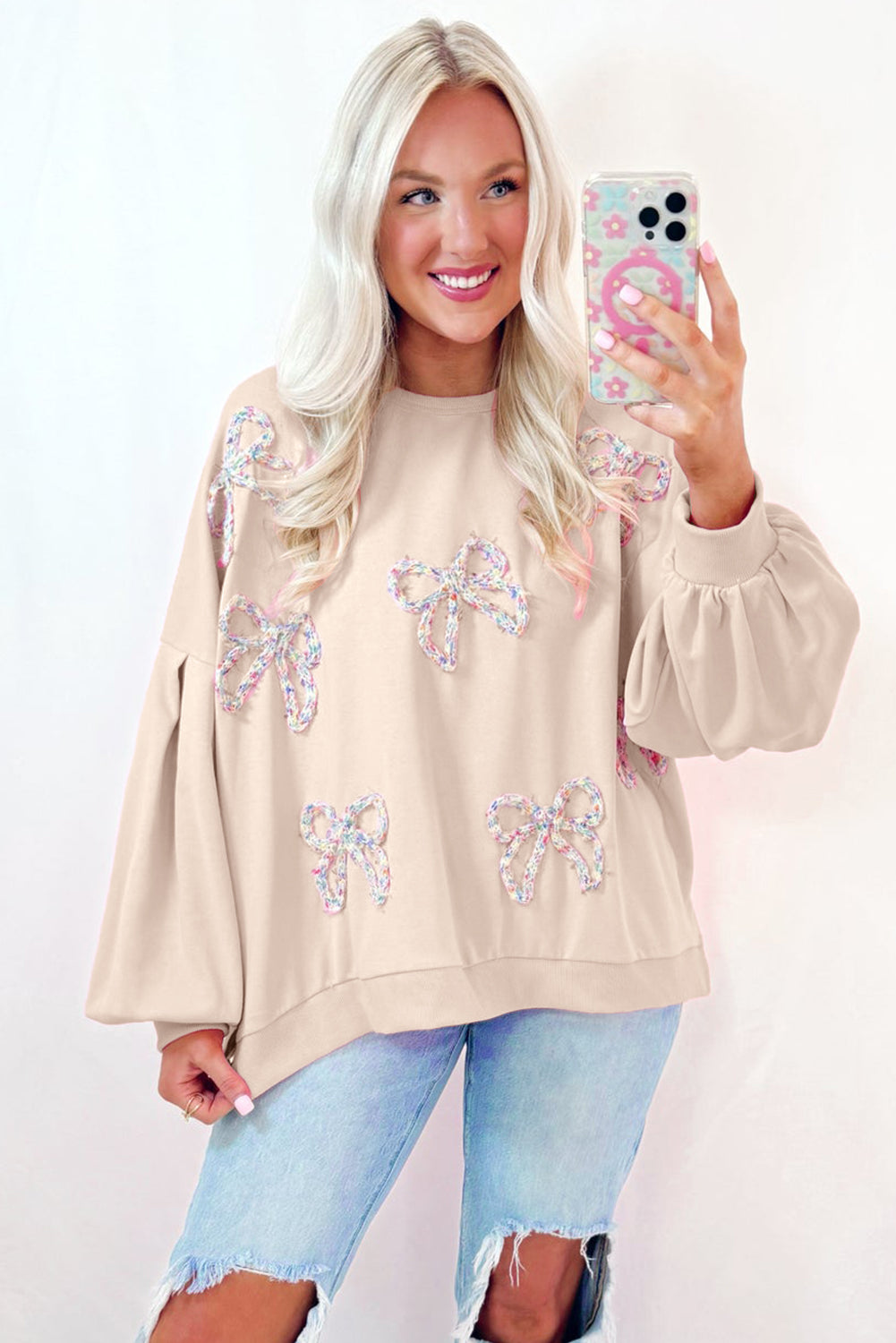 Parchment Embroidered Bow Lantern Sleeve Oversized Pullover Sweatshirt - Willow & Oak