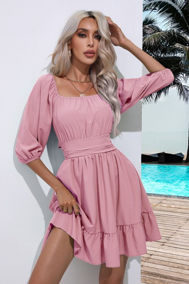 Square Neck Tie Back Ruffle Hem Dress - Willow & Oak