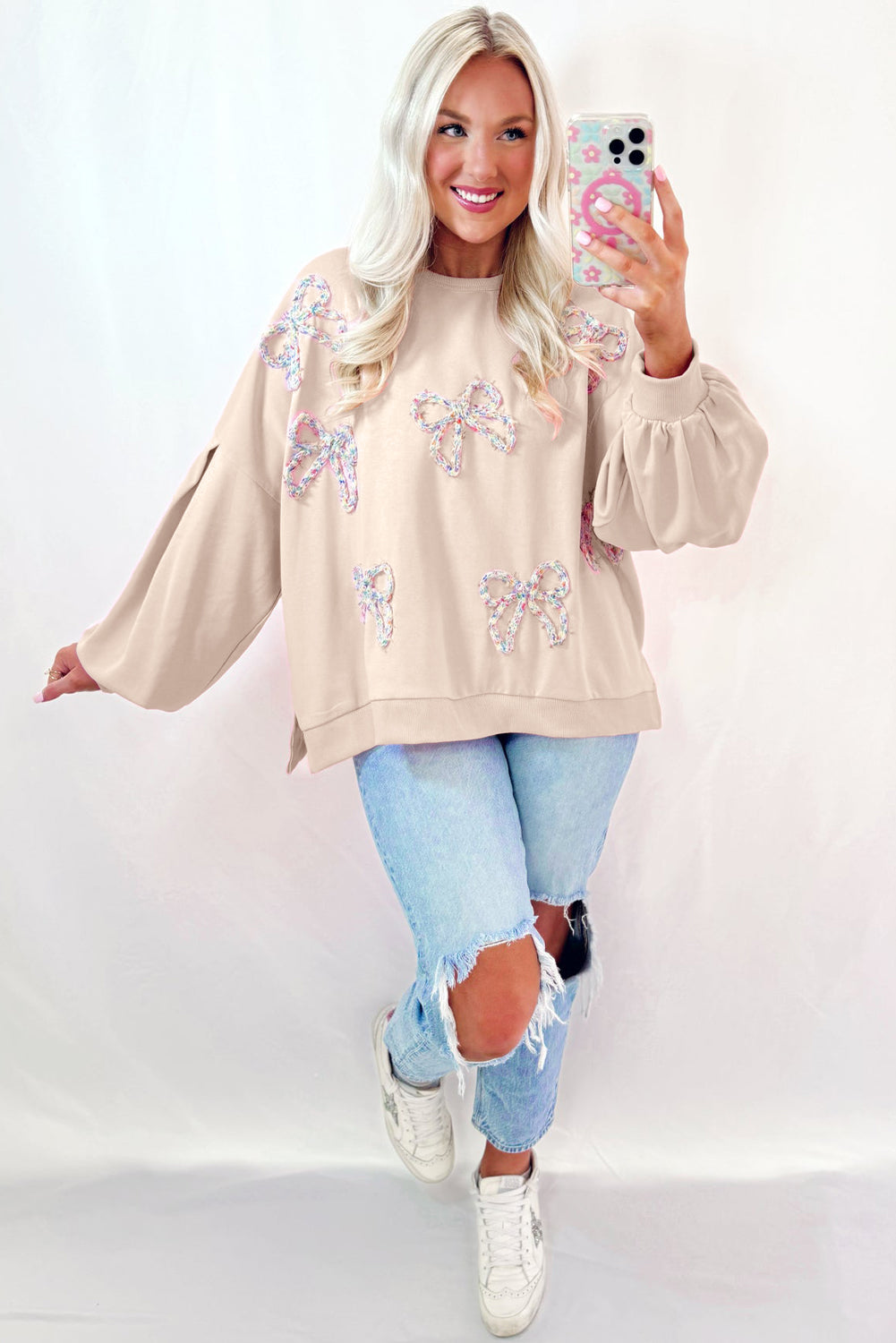 Parchment Embroidered Bow Lantern Sleeve Oversized Pullover Sweatshirt - Willow & Oak