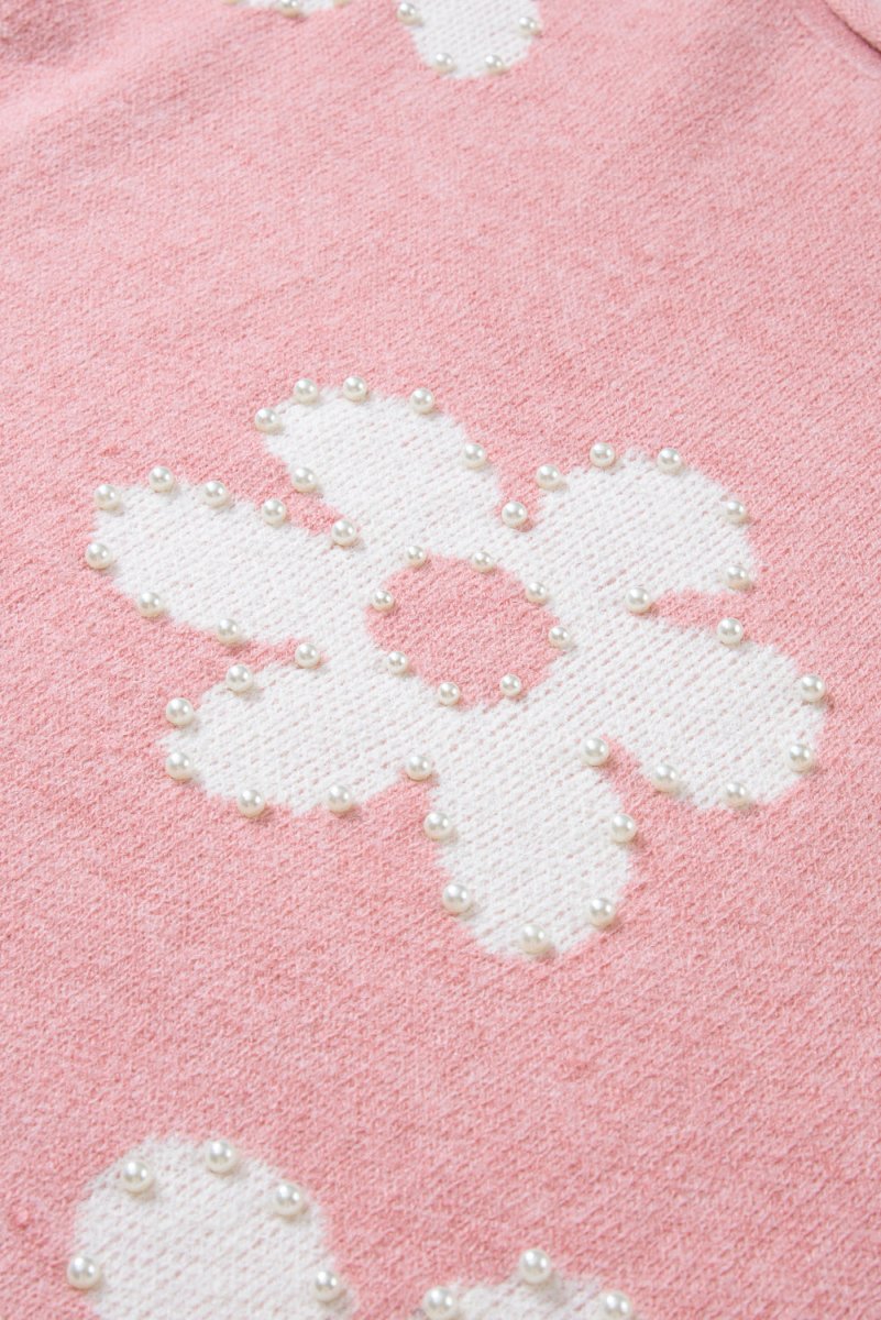 Pearl Trim Flower Round Neck Sweater - Willow & Oak