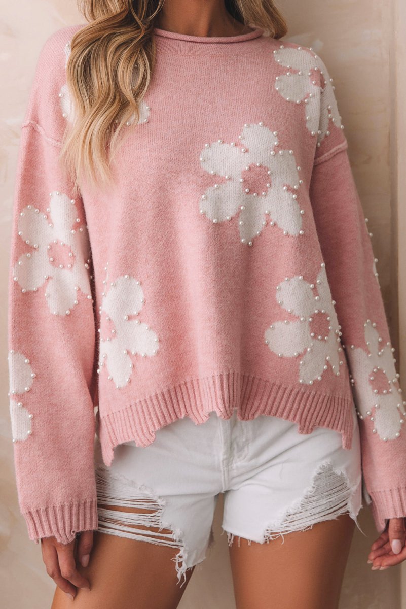 Pearl Trim Flower Round Neck Sweater - Willow & Oak