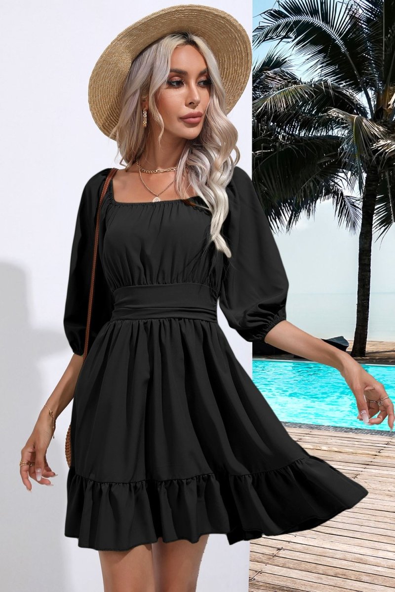 Square Neck Tie Back Ruffle Hem Dress - Willow & Oak