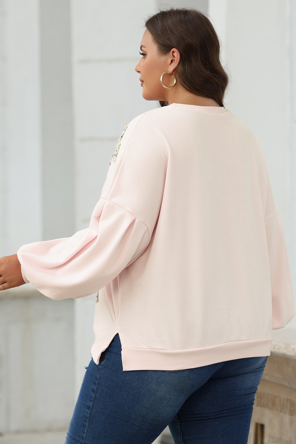 Parchment Embroidered Bow Lantern Sleeve Oversized Pullover Sweatshirt - Willow & Oak