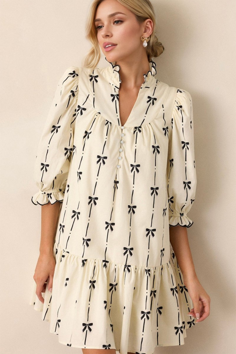 Oh Full Size Frill Bow Print Half Sleeve Mini Dress - Willow & Oak