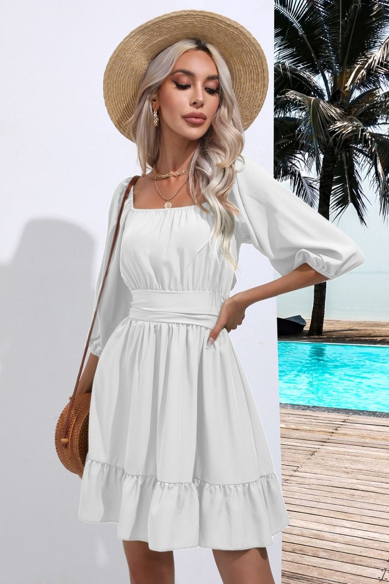 Square Neck Tie Back Ruffle Hem Dress - Willow & Oak