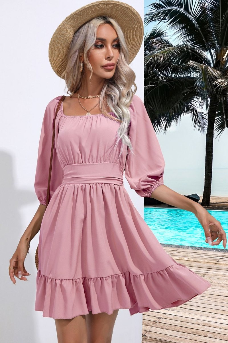 Square Neck Tie Back Ruffle Hem Dress - Willow & Oak