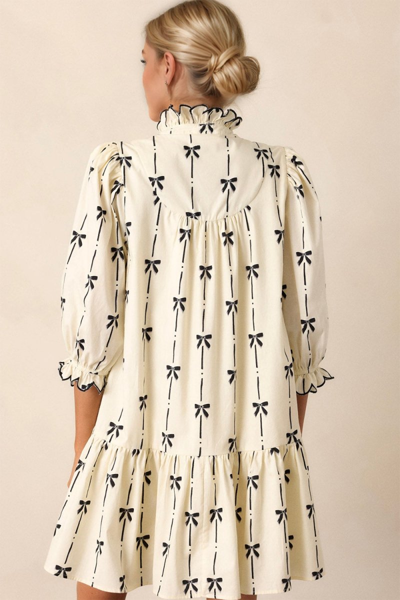 Oh Full Size Frill Bow Print Half Sleeve Mini Dress - Willow & Oak