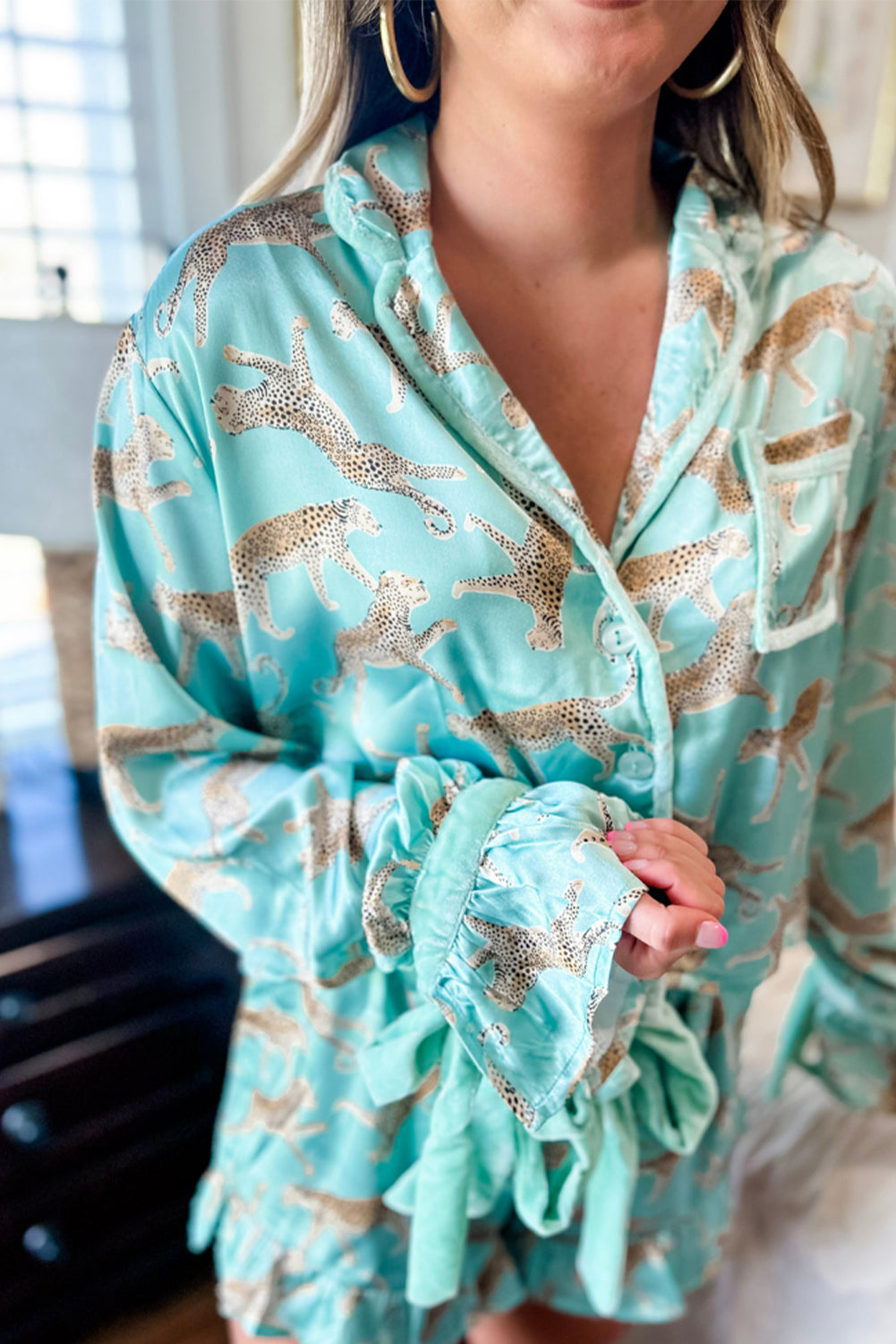 Green Leopard Satin Ruffle Pajama Short Set - Willow & Oak