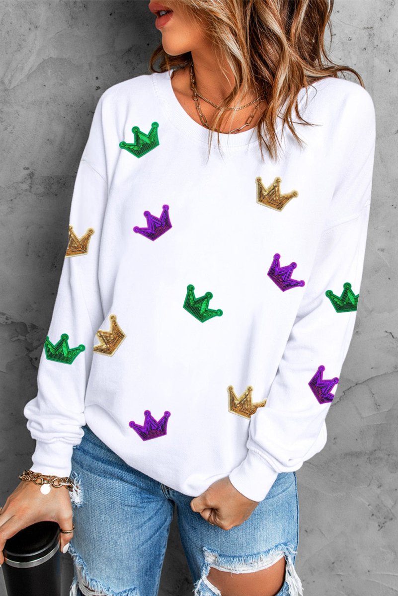 Crown Sequin Round Neck Sweatshirt - Willow & Oak