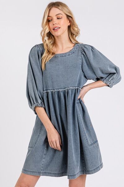 Mittoshop Washed Round Neck Puff Sleeve Denim Dress - Willow & Oak