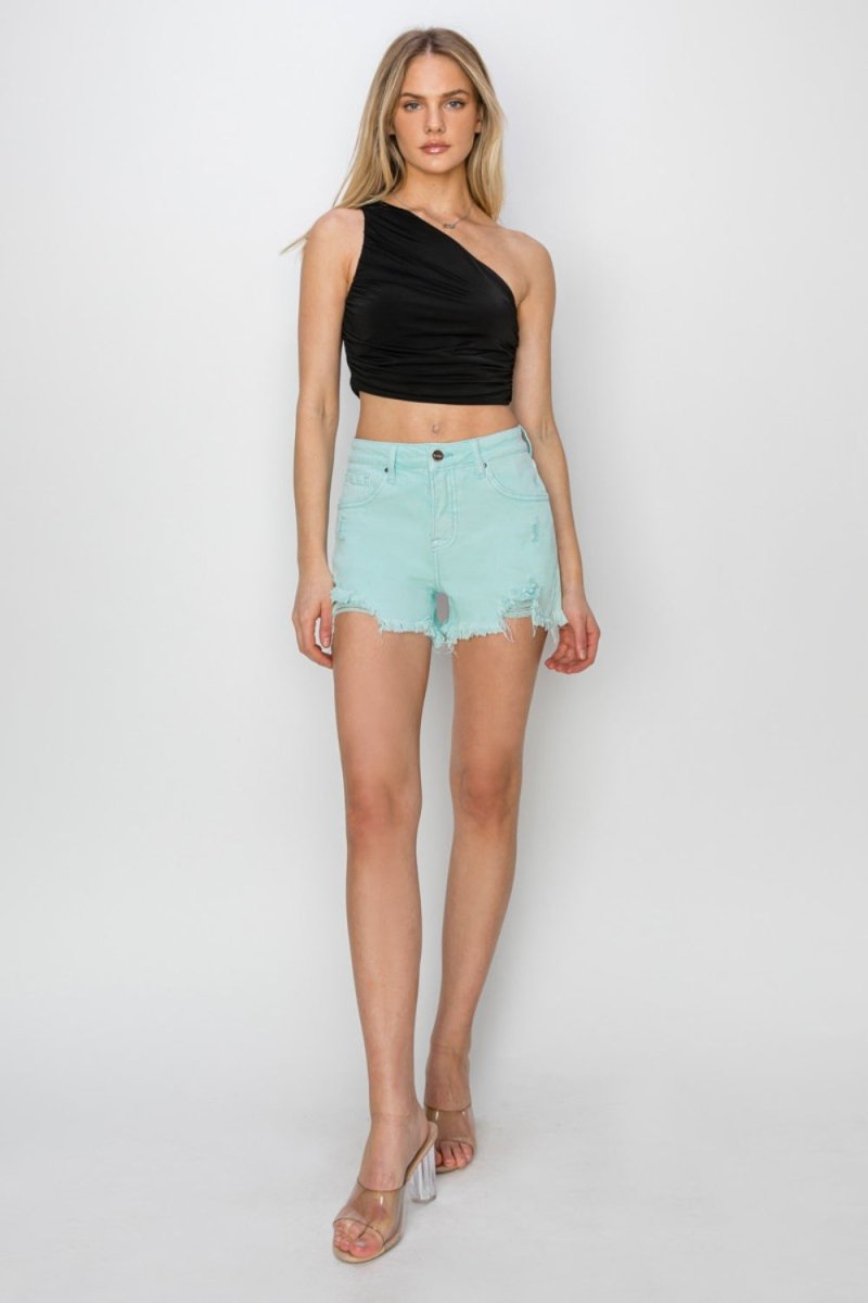 RISEN Mid Waist Frayed Hem Denim Shorts - Willow & Oak