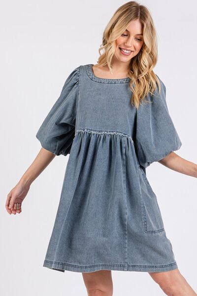 Mittoshop Washed Round Neck Puff Sleeve Denim Dress - Willow & Oak