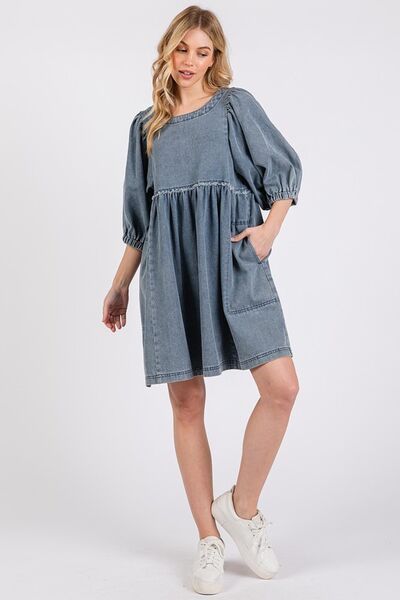 Mittoshop Washed Round Neck Puff Sleeve Denim Dress - Willow & Oak