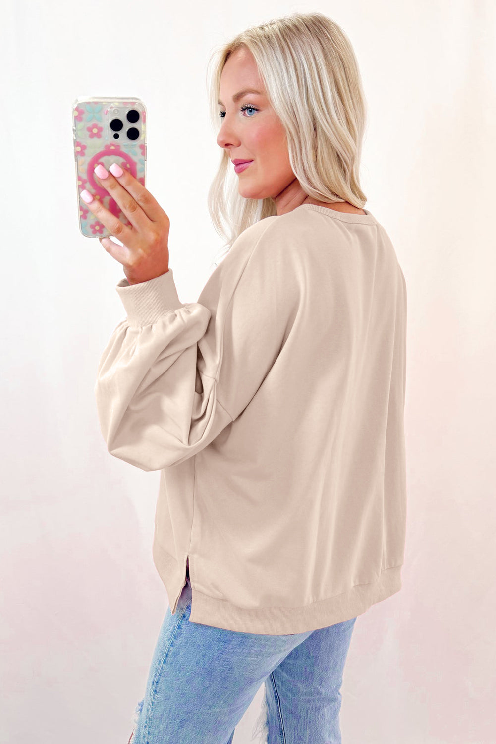 Parchment Embroidered Bow Lantern Sleeve Oversized Pullover Sweatshirt - Willow & Oak
