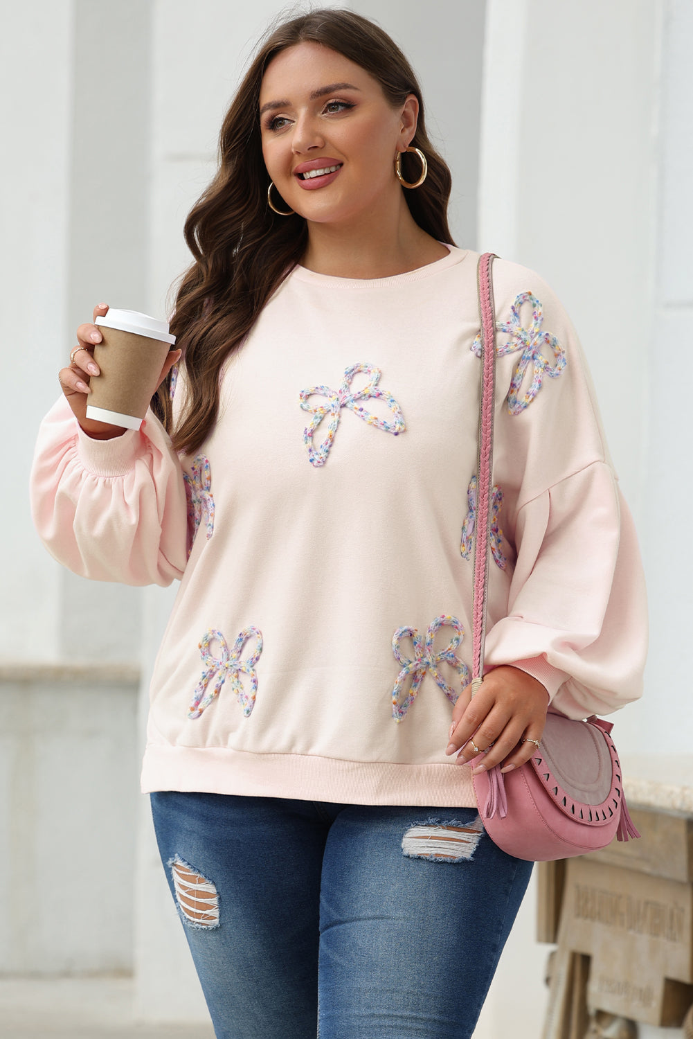 Parchment Embroidered Bow Lantern Sleeve Oversized Pullover Sweatshirt - Willow & Oak