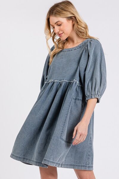 Mittoshop Washed Round Neck Puff Sleeve Denim Dress - Willow & Oak