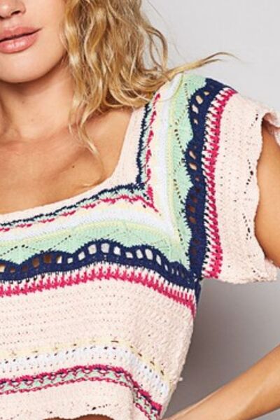 POL Openwork Ethnic Pattern Square Neck Cropped Knit Top - Willow & Oak