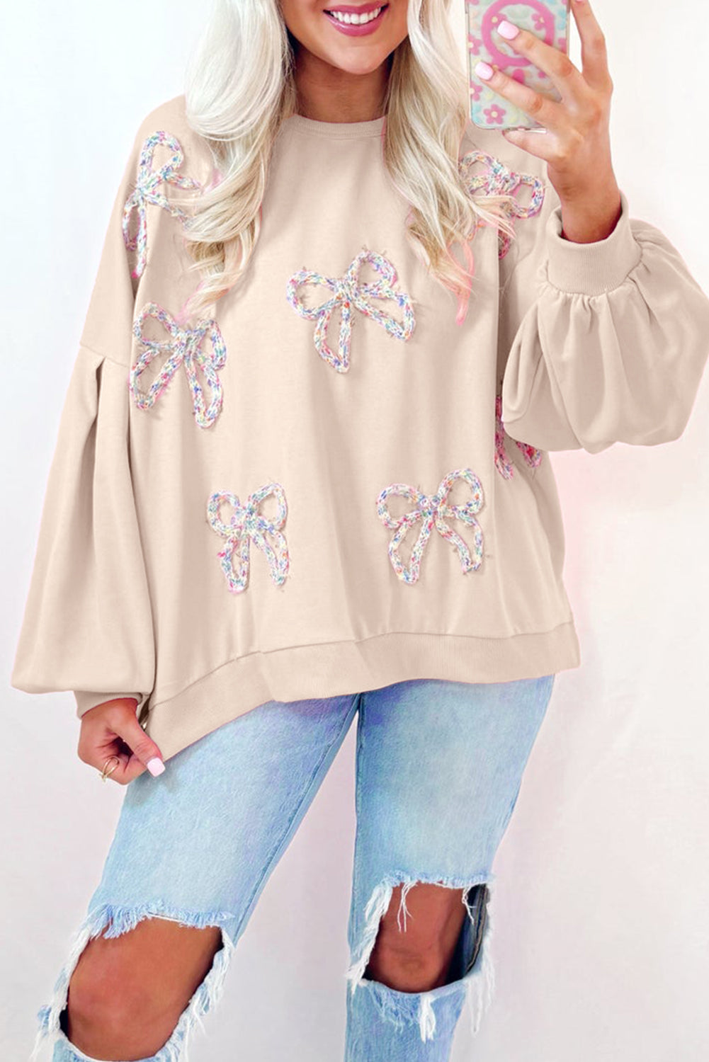 Parchment Embroidered Bow Lantern Sleeve Oversized Pullover Sweatshirt - Willow & Oak
