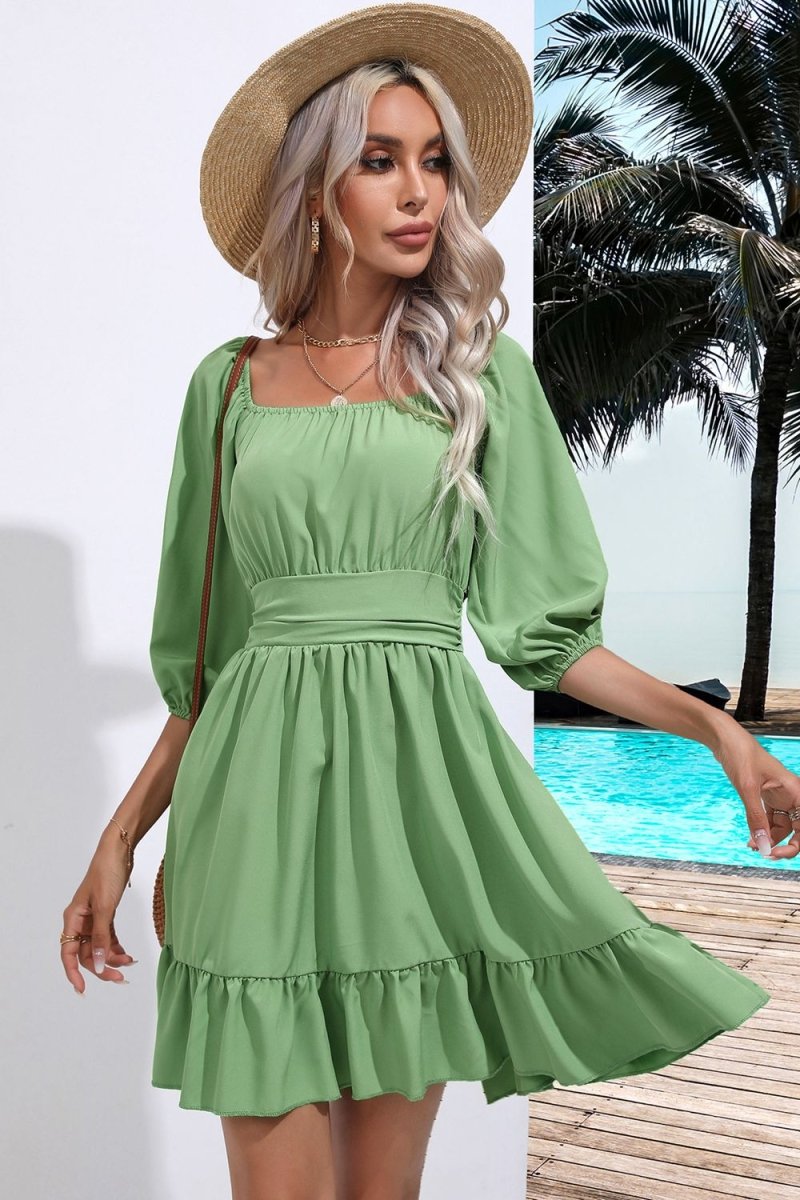 Square Neck Tie Back Ruffle Hem Dress - Willow & Oak