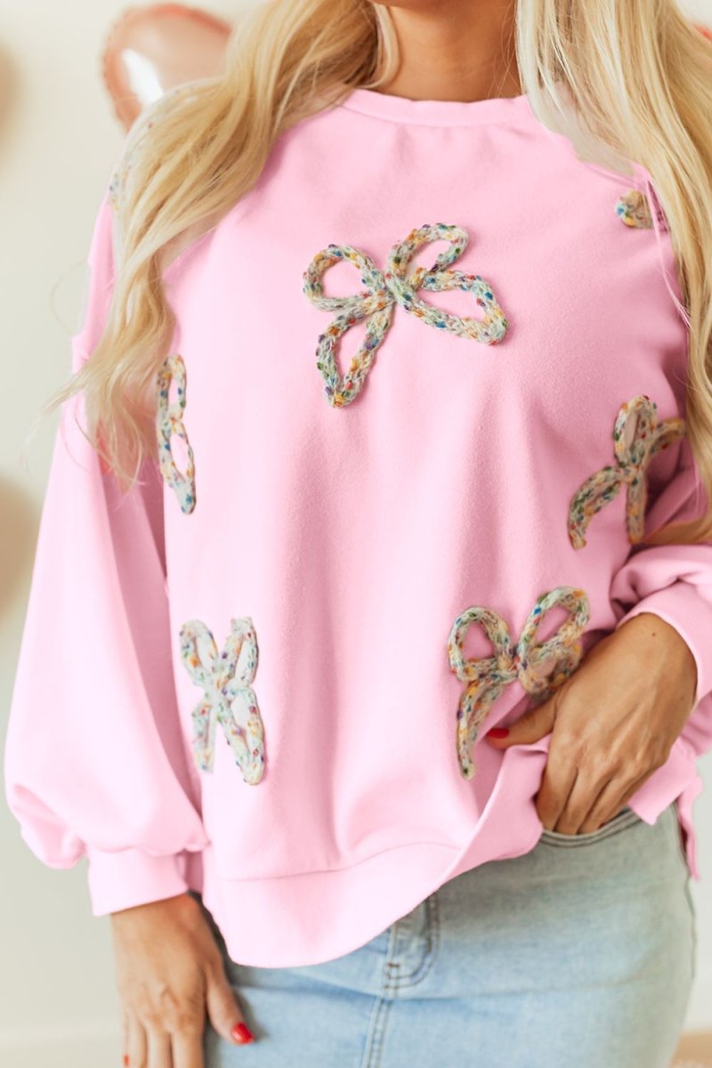 Bow Round Neck Long Sleeve Sweatshirt - Willow & Oak
