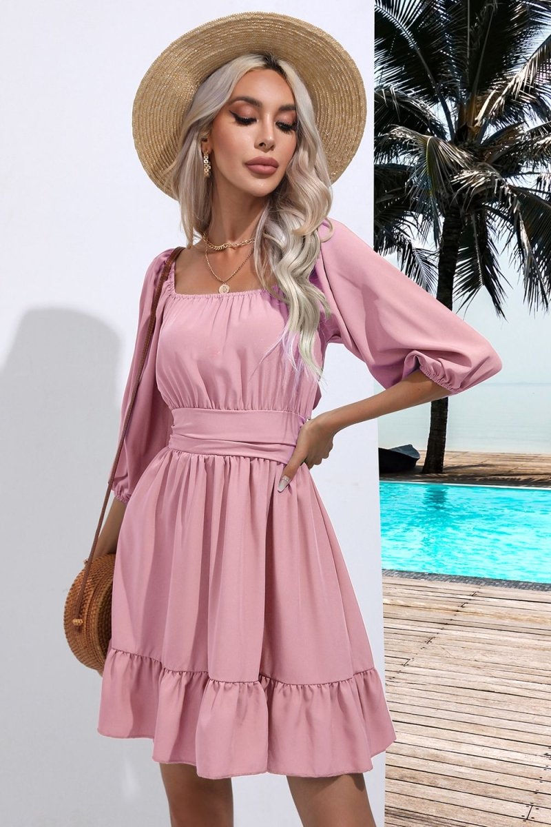 Square Neck Tie Back Ruffle Hem Dress - Willow & Oak