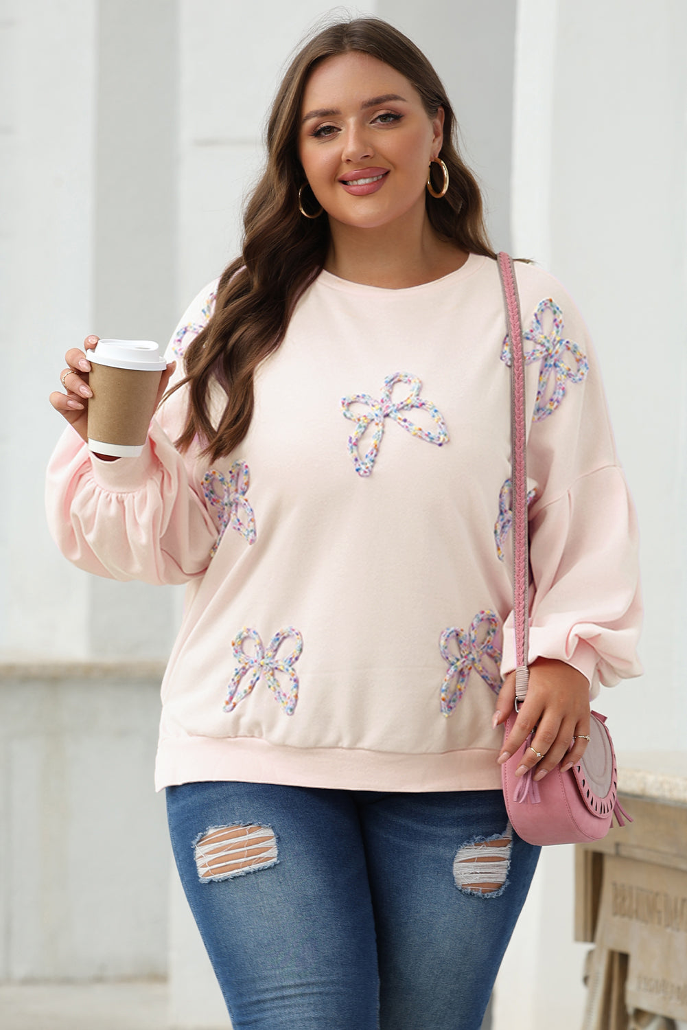 Parchment Embroidered Bow Lantern Sleeve Oversized Pullover Sweatshirt - Willow & Oak