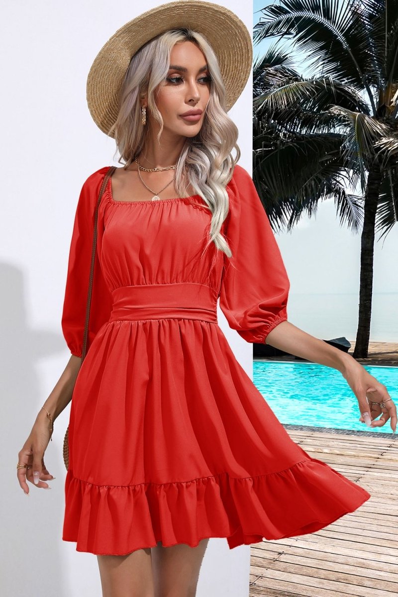 Square Neck Tie Back Ruffle Hem Dress - Willow & Oak