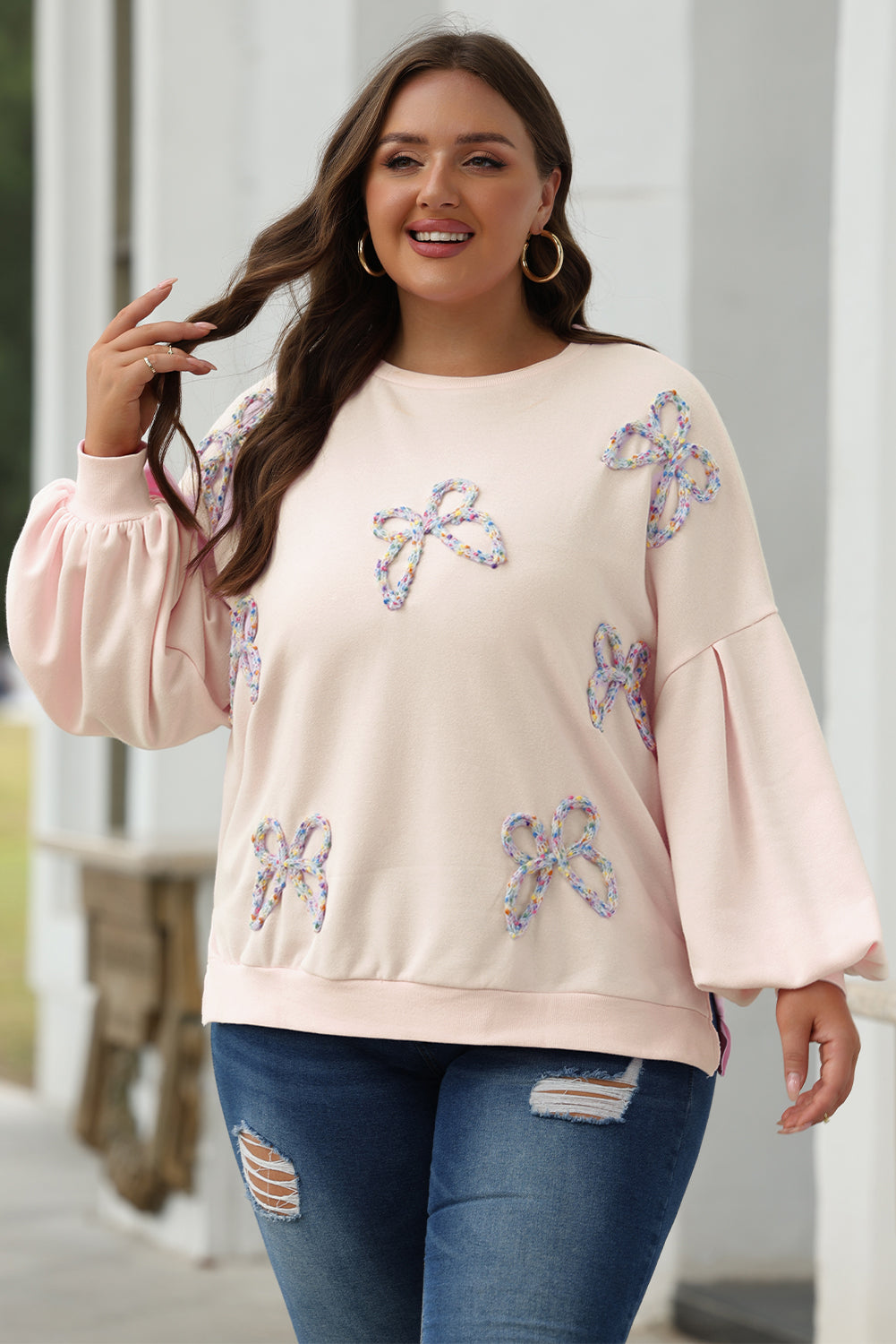 Parchment Embroidered Bow Lantern Sleeve Oversized Pullover Sweatshirt - Willow & Oak