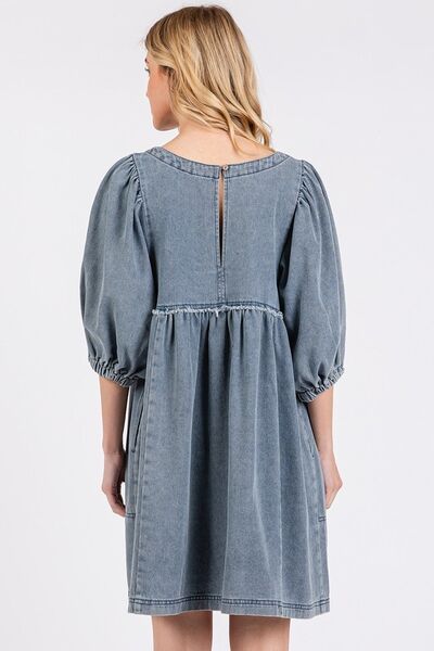 Mittoshop Washed Round Neck Puff Sleeve Denim Dress - Willow & Oak