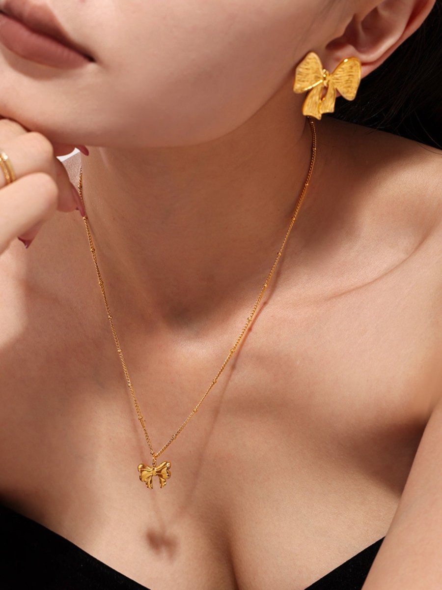 18K Gold-Plated Stainless Steel Bow Earrings and Necklace Set - Willow & Oak