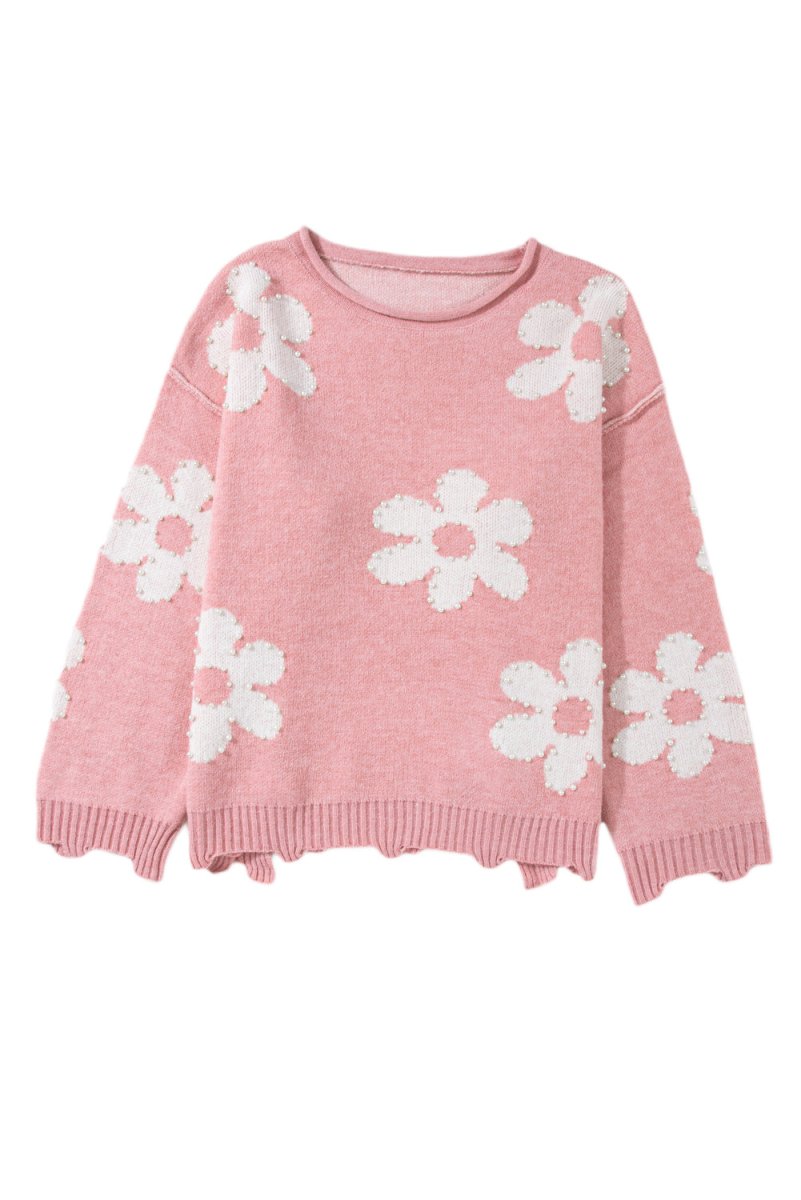 Pearl Trim Flower Round Neck Sweater - Willow & Oak