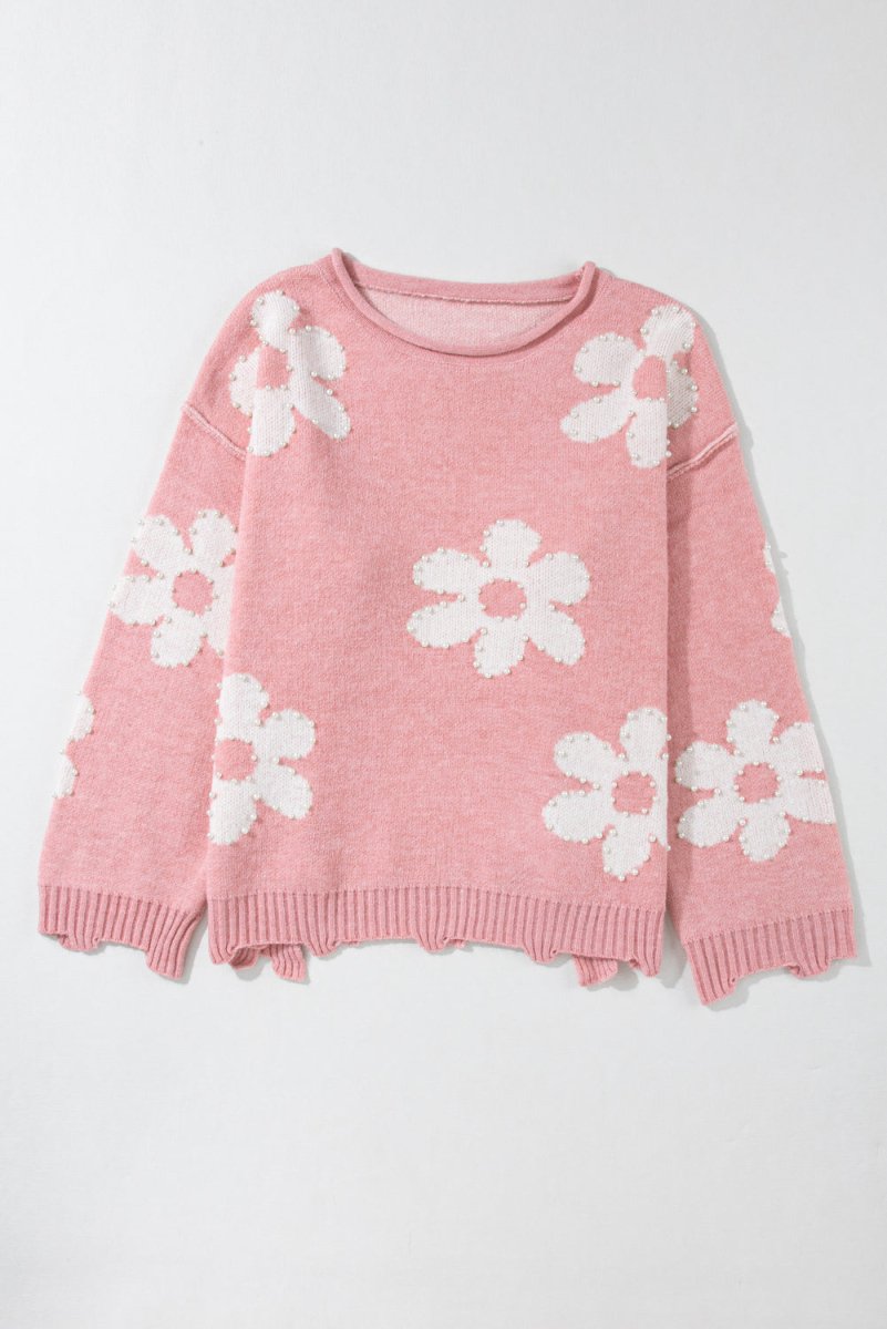 Pearl Trim Flower Round Neck Sweater - Willow & Oak