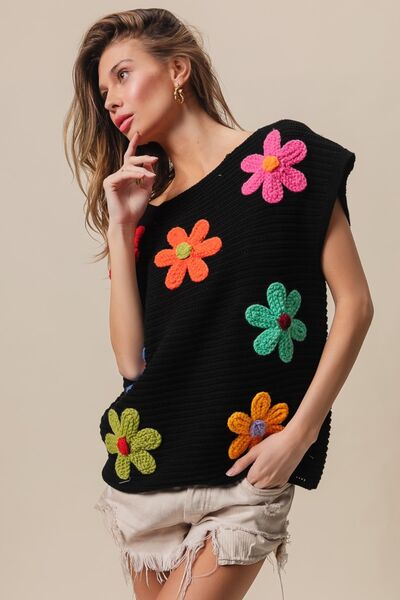 BiBi Flower Round Neck Cap Sleeve Knit Top - Willow & Oak