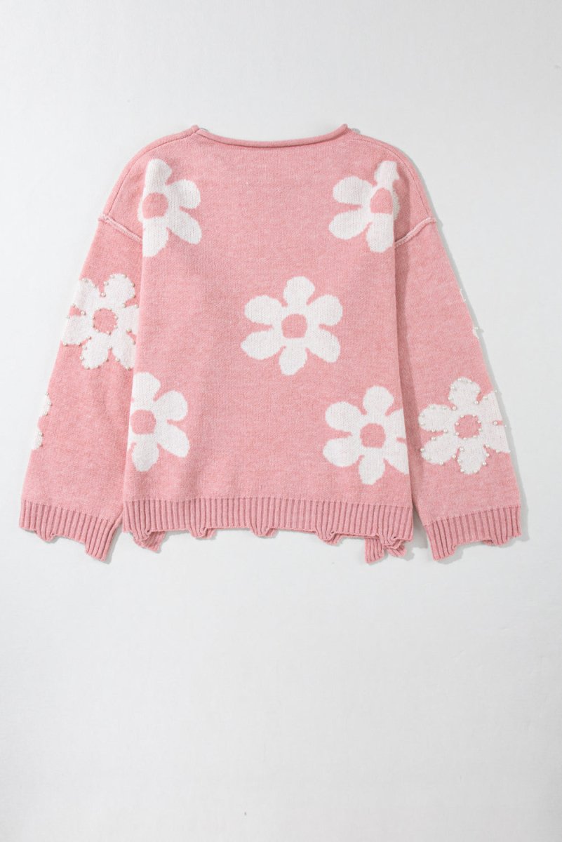 Pearl Trim Flower Round Neck Sweater - Willow & Oak