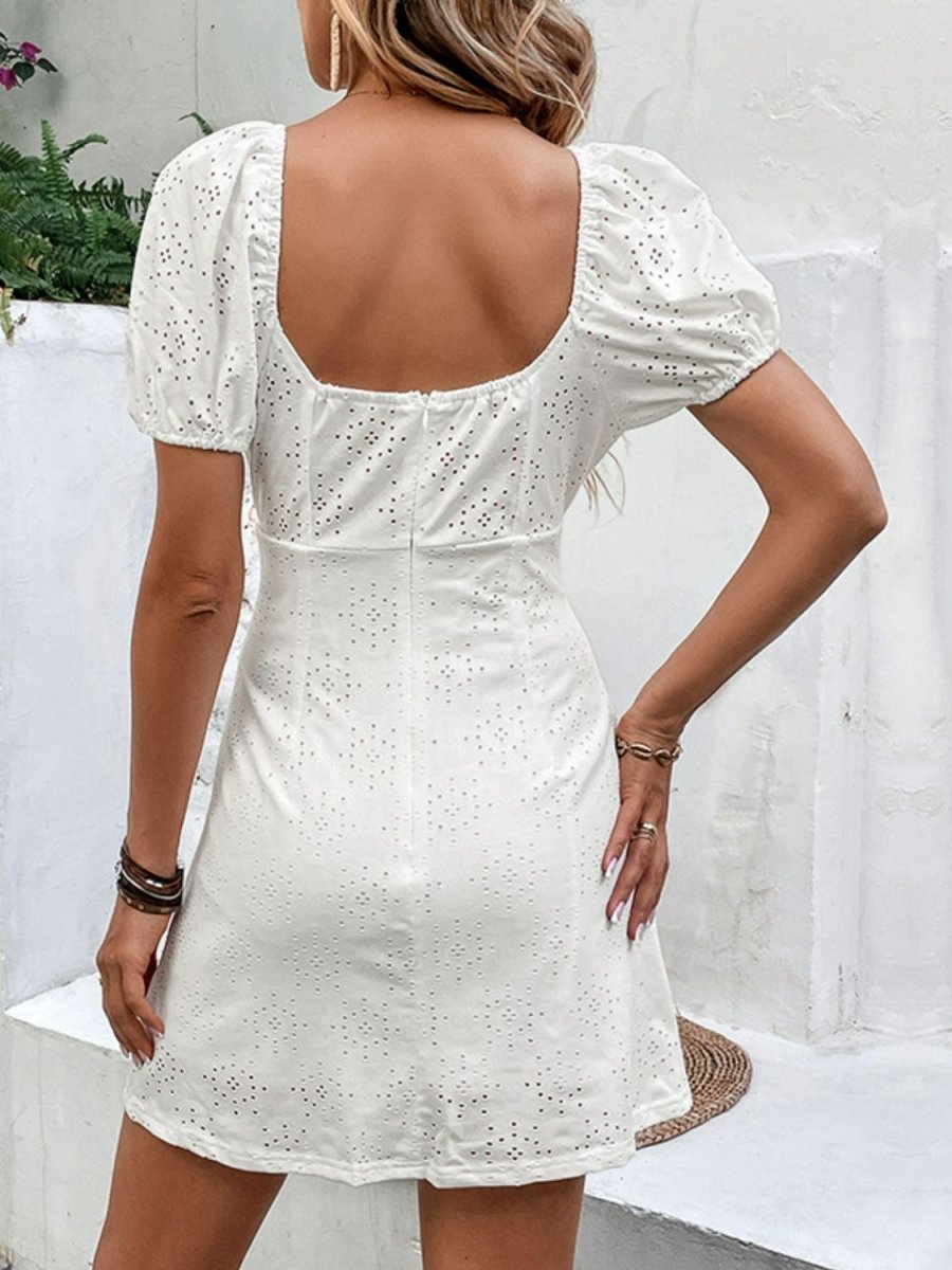 Perfee Bow Detail Eyelet Puff Sleeve Dress - Willow & Oak