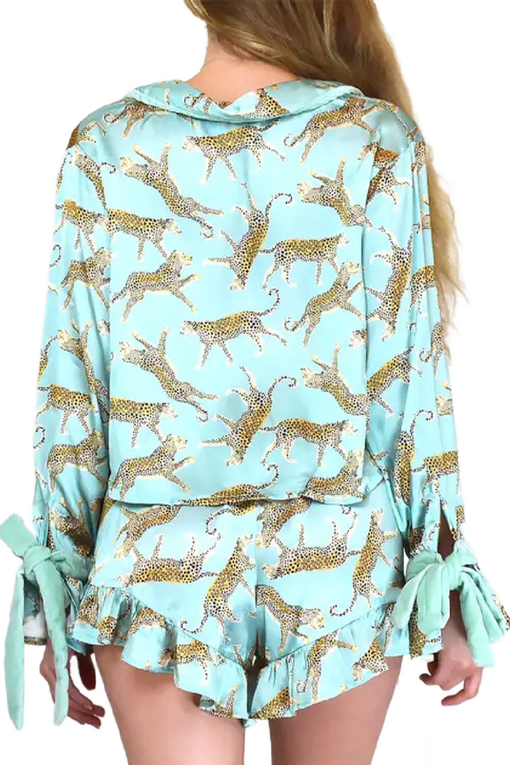 Green Leopard Satin Ruffle Pajama Short Set - Willow & Oak
