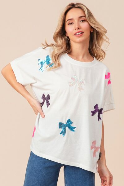 BiBi Sequin Bow Patch Short Sleeve T-Shirt - Willow & Oak