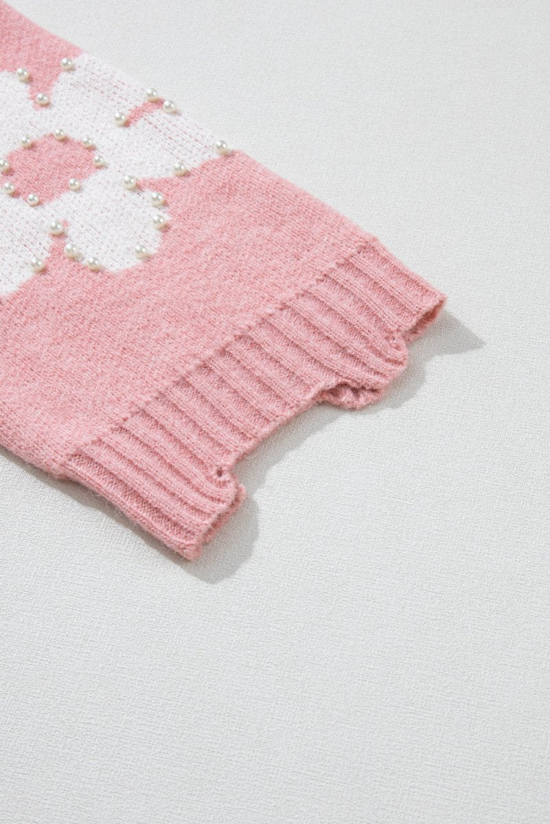 Pearl Trim Flower Round Neck Sweater - Willow & Oak