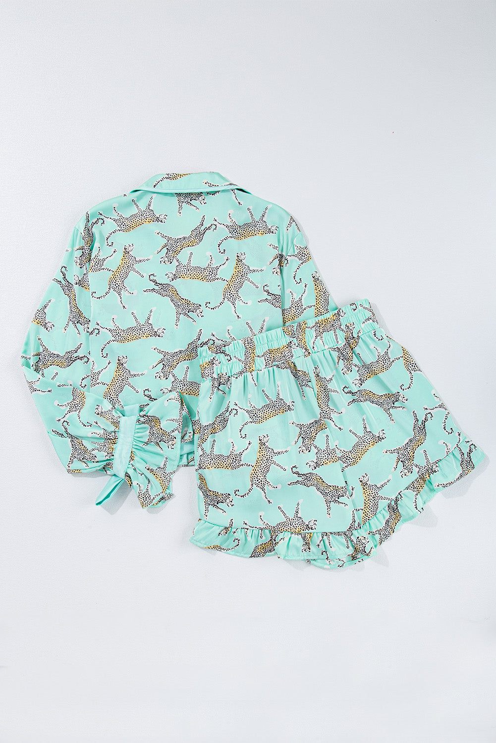 Green Leopard Satin Ruffle Pajama Short Set - Willow & Oak