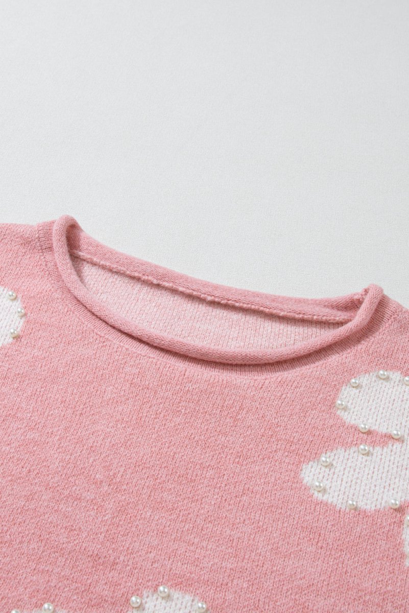 Pearl Trim Flower Round Neck Sweater - Willow & Oak