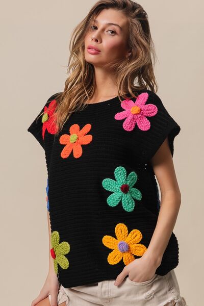 BiBi Flower Round Neck Cap Sleeve Knit Top - Willow & Oak