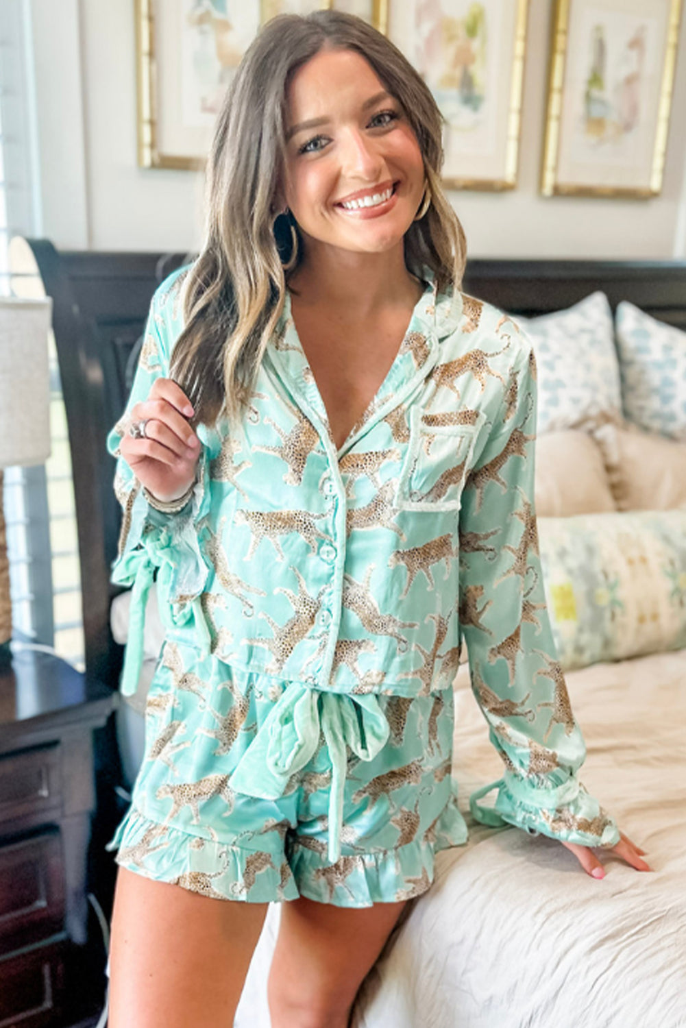 Green Leopard Satin Ruffle Pajama Short Set - Willow & Oak